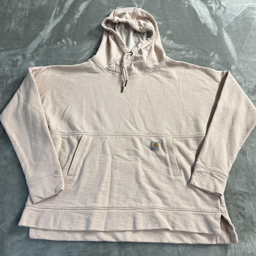 Carhartt Hoodie Womens Large Pink Terry Relaxed Fit Pullover Logo Pockets